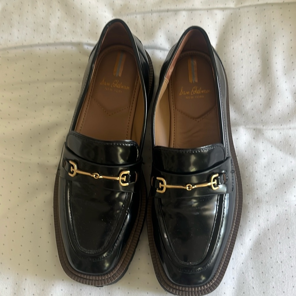Sam Edelman Black Patent Leather Loafers with Gold Hardware